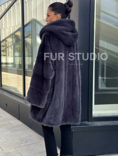 Норковая шуба с капюшоном,  роспуск - темный графит - фото 2