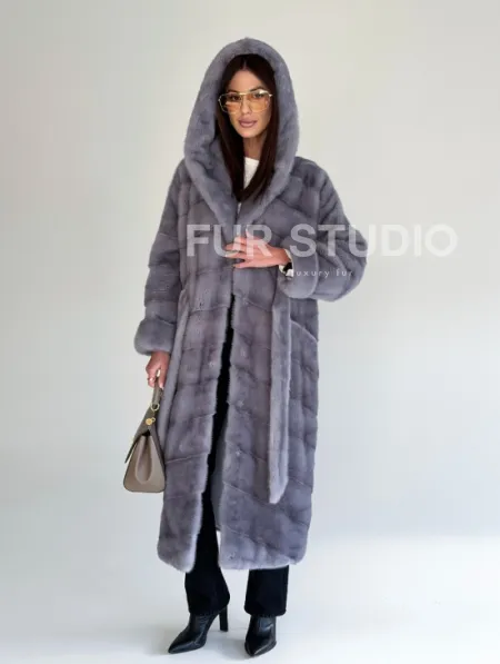 Удлиненная норковая шуба - кимоно с капюшоном - фото 17