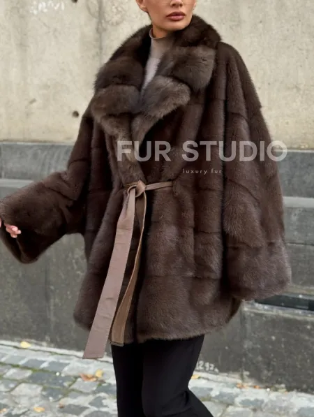 Полушубок норковый женский с воротником куница - фото 5