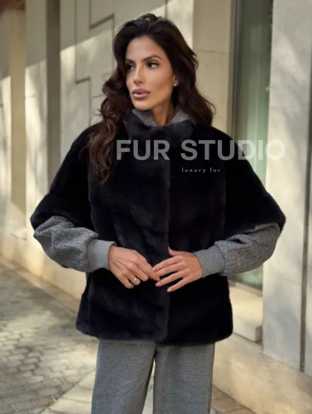 Женская меховая норковая куртка -темный графит - фото 3