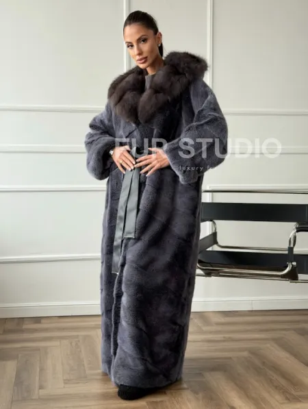Длинная норковая шуба в пол с капюшоном куница - фото 0