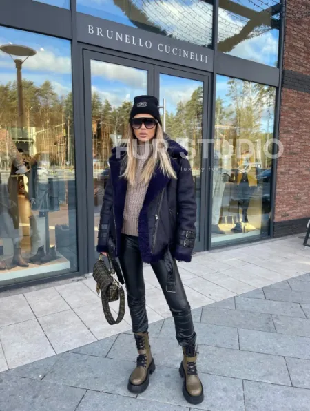 Авиатор из натуральной овчины в синем цвете - фото 5