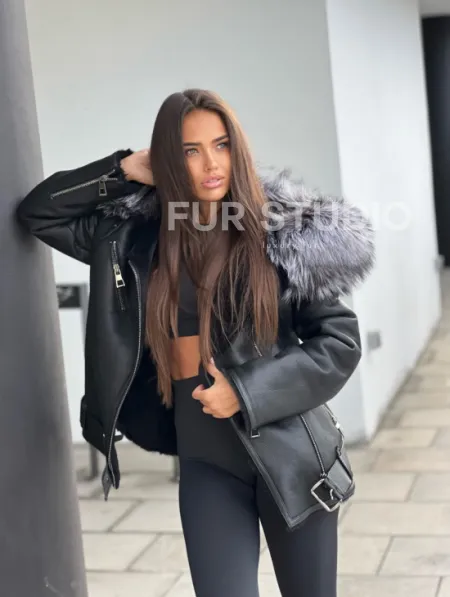 Дубленка - косуха с капюшоном из меха чернобурой лисы - фото 0