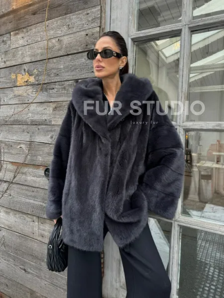 Шуба норковая с капюшоном - цвет графит - фото 7