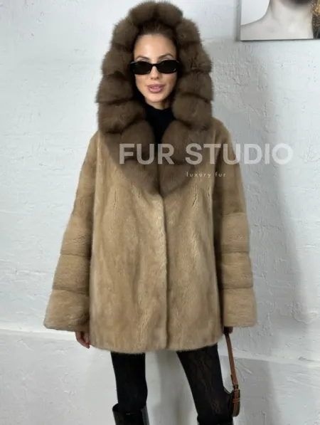 Норка автоледи с капюшоном куница - цвет пастель - фото 3