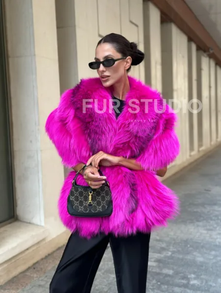 Накидка - палантин из меха чернобурки - фуксия - фото 2