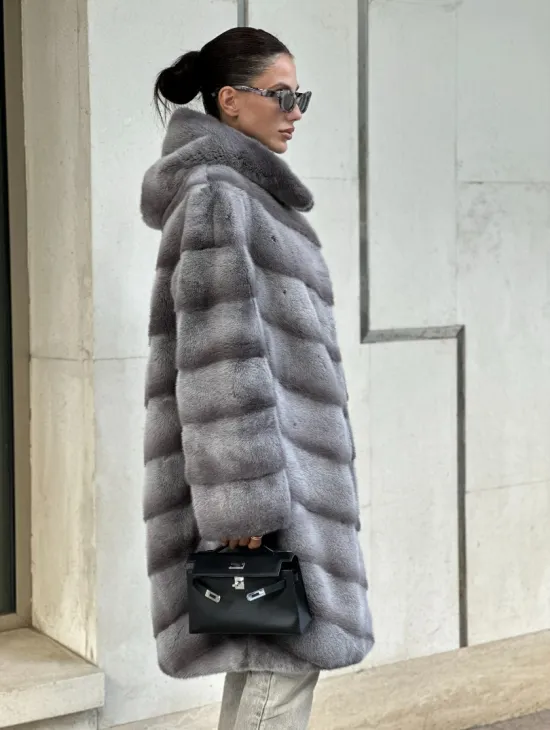Норковая шуба с капюшоном - цвет PLATINUM (СЕРЫЙ) - фото 3