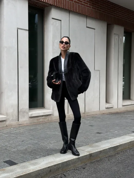 Жакет - шуба из меха норки с отделкой из кожи - графит - фото 11