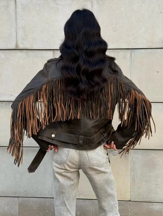 Куртка из натуральной кожи с бахромой «Vintage» - коричневая - фото 9
