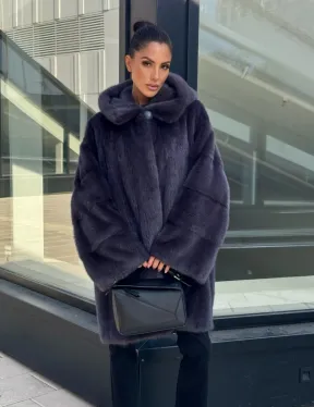 Норковая шуба с капюшоном,  роспуск - темный графит - фото 0