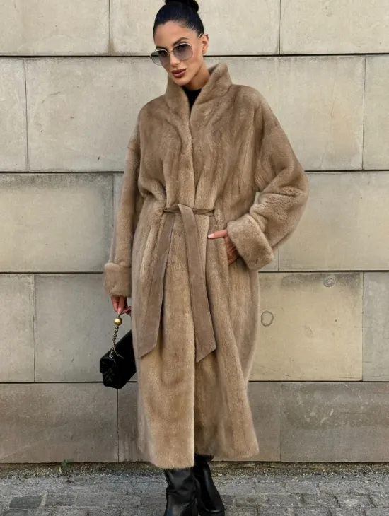 Норковая шуба цельный мех стойка воротник - цвет Caramel - фото 0