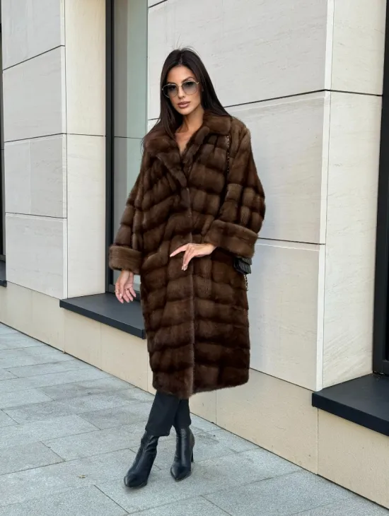 Шуба натуральная из меха норки английский воротник - цвет соболь - фото 10