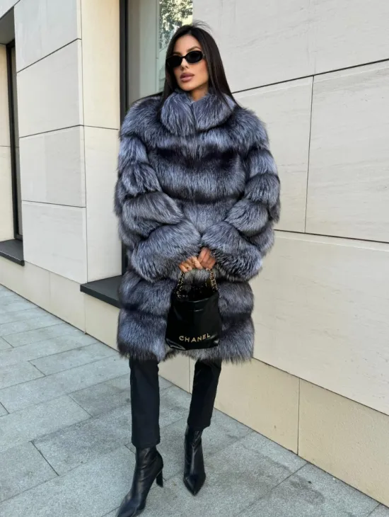 Шуба натуральная из чернобурки стойка воротник - фото 4