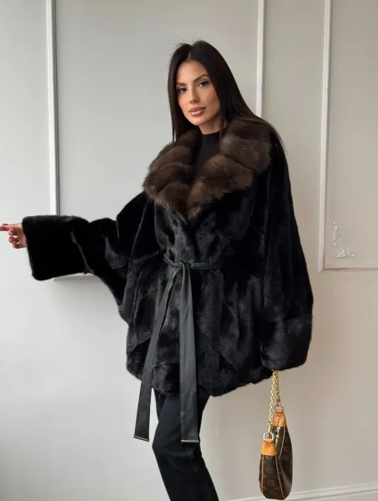 Полушубок из норки Black с воротником из меха темной куницы - фото 9