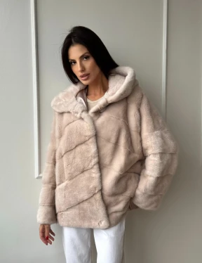 Меховая куртка - шуба из меха норки с капюшоном в цвете пудра - фото 8