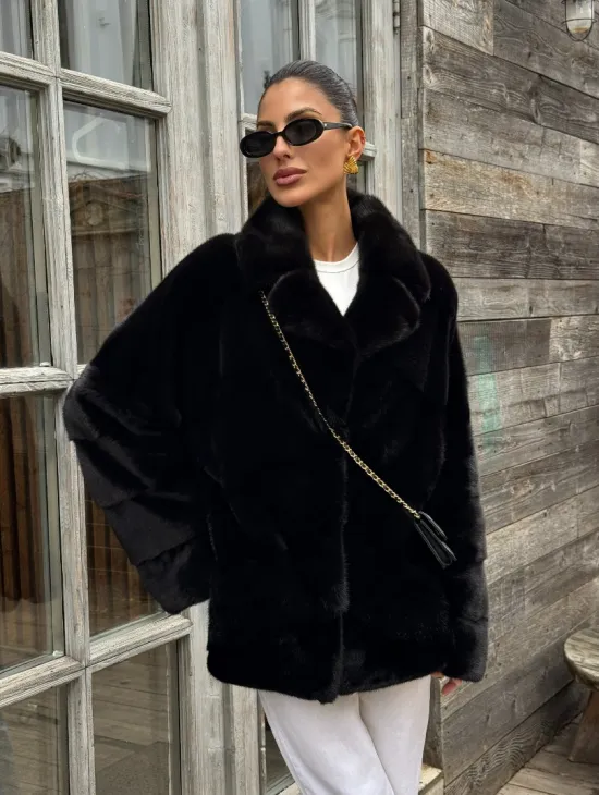Черный короткий полушубок из плюшевой норки VELVET с английским воротником - фото 9