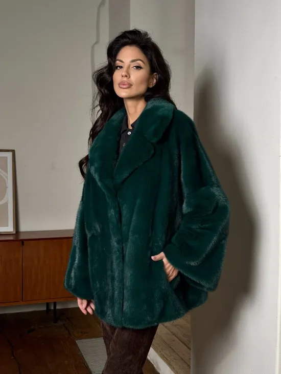 Изумрудная укороченная норковая шуба с английским воротником - фото 10