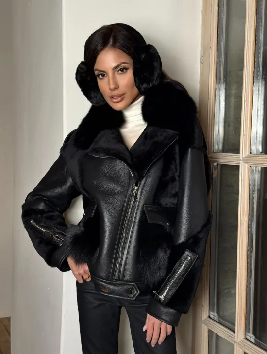 Черная дубленка на молнии с меховым воротником из финского песца - фото 11