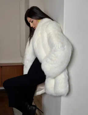 Белая шуба из меха лисы - воротник шаль - фото 4
