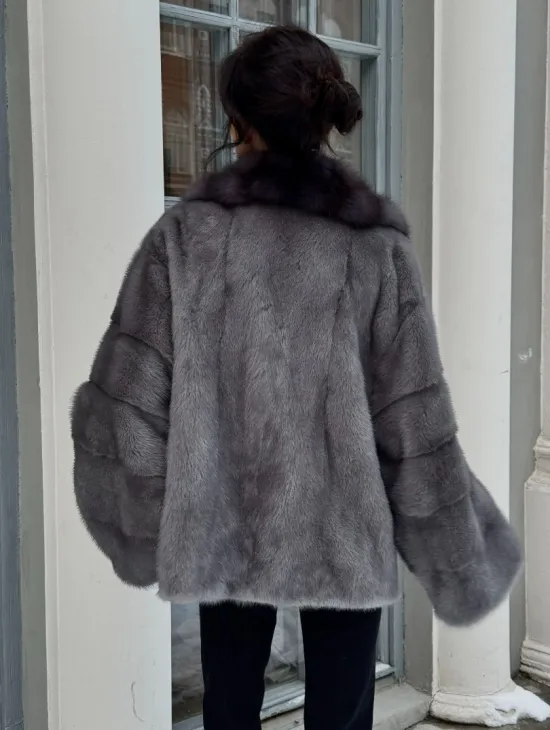 Автоледи шуба норковая с воротником из меха куницы - серый графит - фото 7