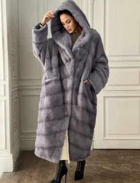 Длинная голубая норковая шуба с капюшоном PLUS SIZE - фото 1