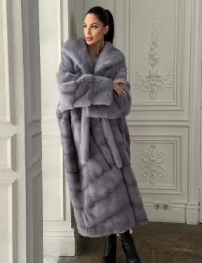 Длинная голубая норковая шуба с капюшоном PLUS SIZE - фото 0