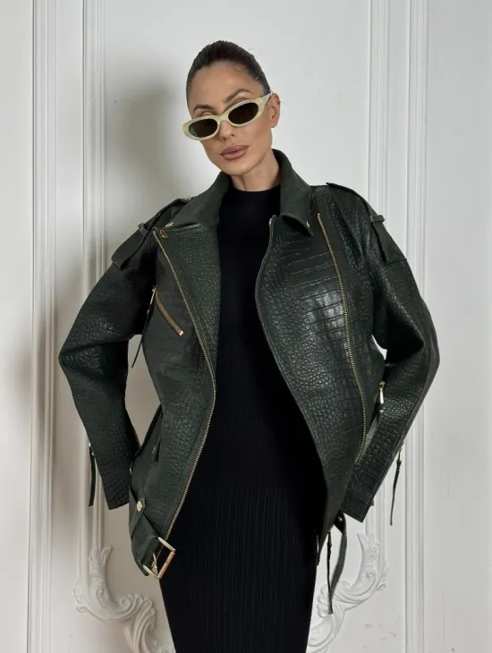 Куртка - косуха из натуральной кожи «CROCO» Dark green - фото 8