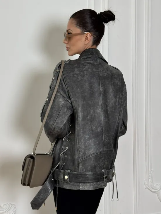 Косуха женская из натуральной кожи Vintage со шнуровкой - цвет серый - фото 5