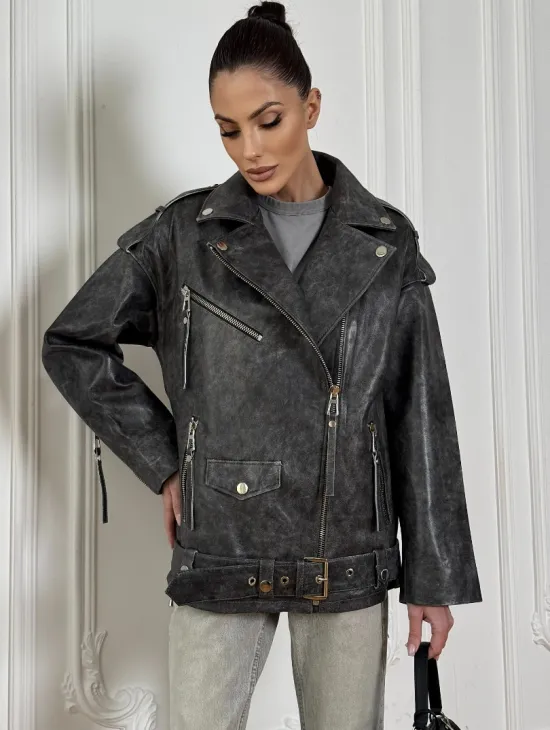 Женская кожаная куртка авиатор со шнуровкой на спине Dark grey - фото 3