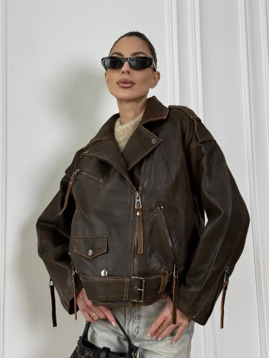 Vintage Brown кожаная куртка - косуха оверсайз с затертыми швами - фото 0