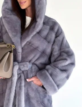 Удлиненная норковая шуба - кимоно с капюшоном - фото 1