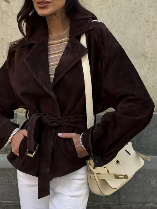 Жакет - куртка из замшевой кожи LUX с поясом - фото 3