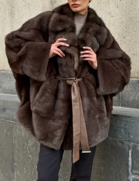 Полушубок норковый женский с воротником куница - фото 2