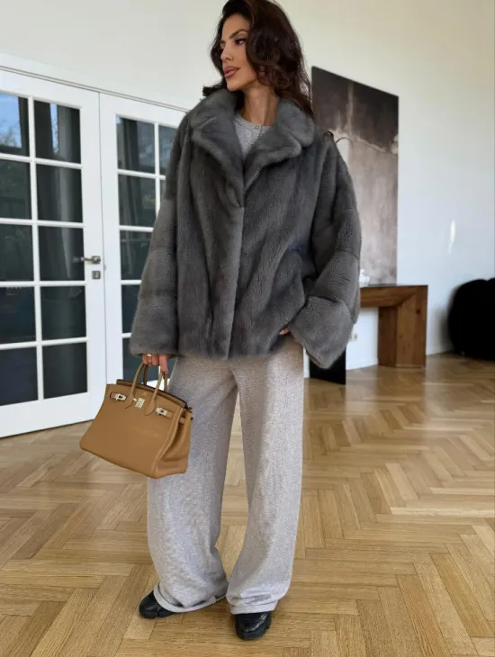 Норковая шуба цвет - серый графит - фото 1