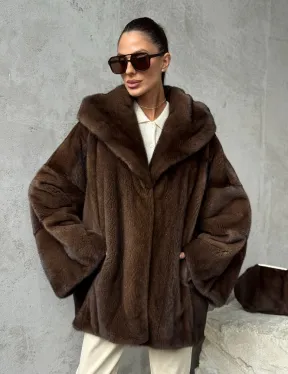 Норковый полушубок с капюшоном - цвет коричневый - фото 10