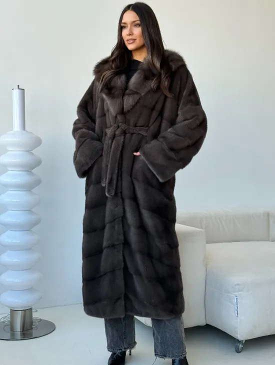 Длинная норковая шуба с капюшоном - графит - фото 4