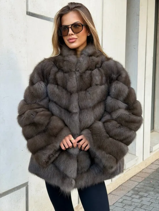 Шуба из куницы в цвете соболь - рукава косичкой - фото 0