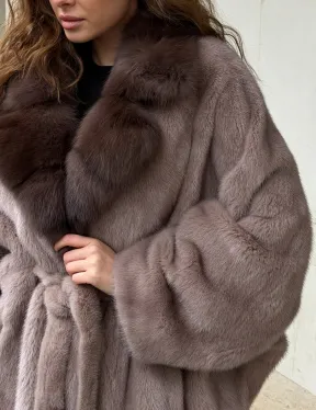 Норковая шуба летучка - воротник куница - фото 2