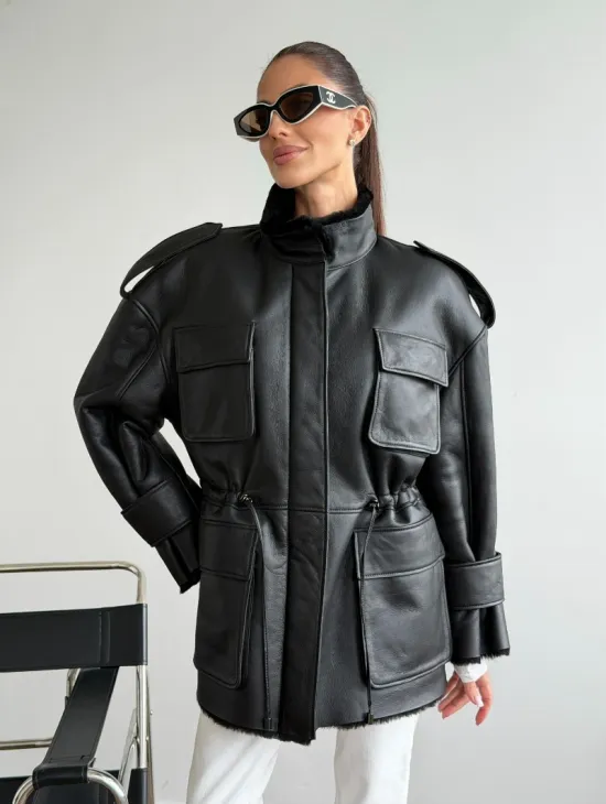 Черная куртка - дубленка из испанского мериноса - фото 6