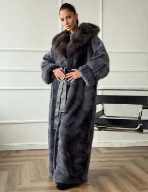 Длинная норковая шуба в пол с капюшоном куница - фото 0