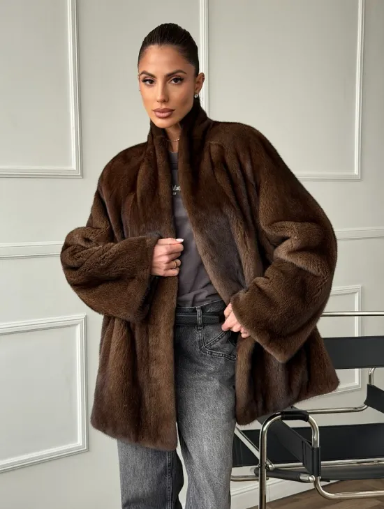 Норка жакет орех V-образный ворот - фото 0