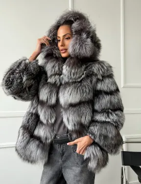 Шуба из меха чернобурки с капюшоном - серая - фото 4