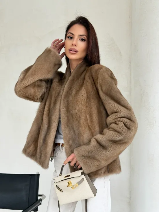 Укороченная шуба из натурального меха норки - пастель - фото 9