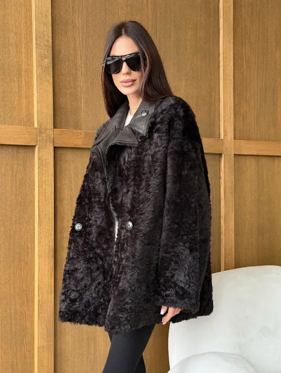 Коричневая двухсторонняя дубленка на овчине тиградо - фото 8