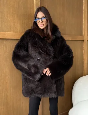 Двухсторонняя коричневая дубленка - фото 19