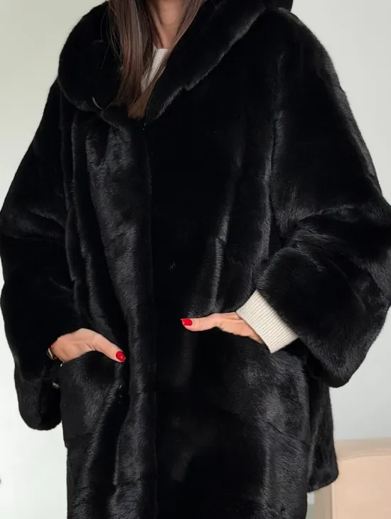 Норка шуба BLACKGLAMA паркет кимоно с капюшоном - фото 1