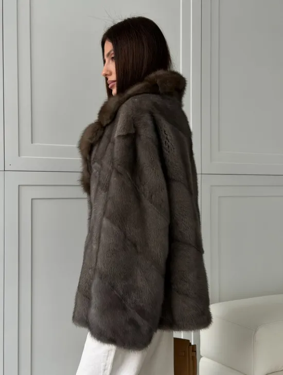 Шуба норковая автоледи - воротник куница (серый) - фото 5