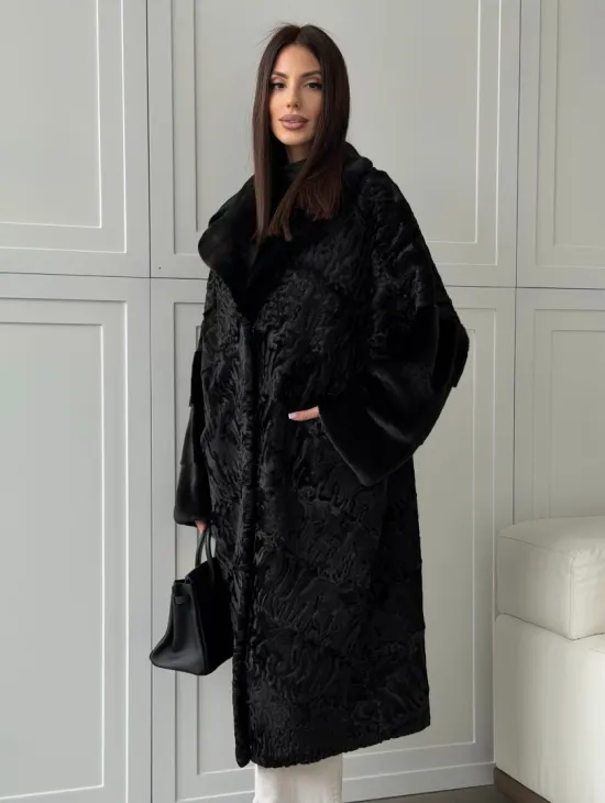 Черная шуба из каракуля с норкой - фото 0