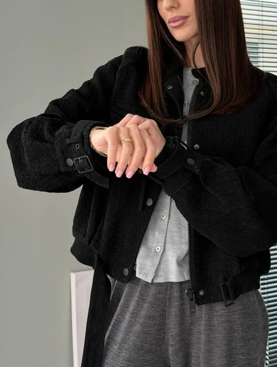 Черный замшевый кроп - бомбер - фото 3