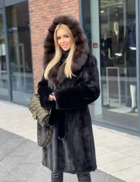 Норковая шуба с капюшоном из меха соболя  седена 1/2 - фото 0